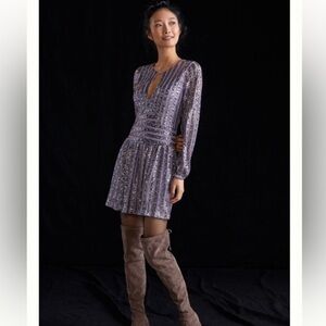 Anthropologie Lilac Purple Sequin Open Back Long Sleeve Mini Dress Size 6